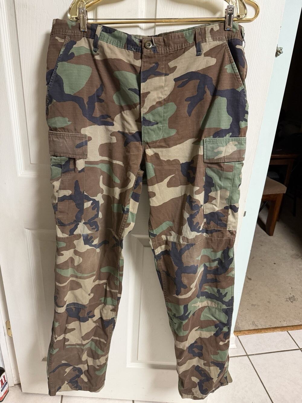 Military Pants Large Woodland Camo Combat Trousers Cargo button fly USA 38x34